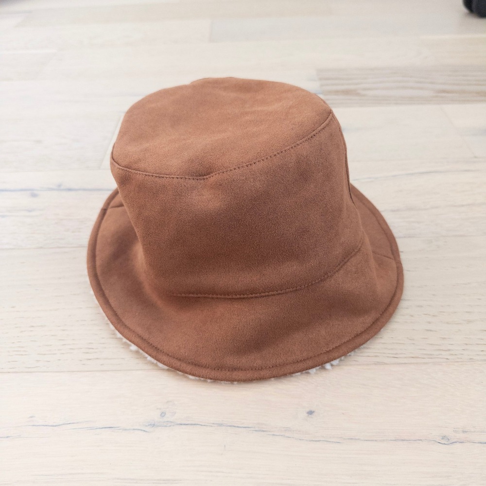 Y2K Womens Sherpa Lined‎ Bucket Hat OS Brown Faux Suede 2000s Cozy David Young - Picture 3 of 7